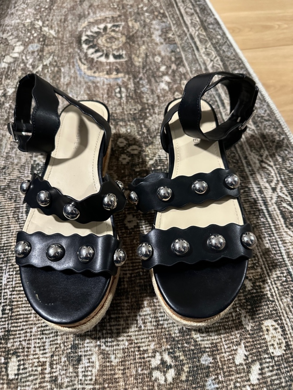 Marc Fisher Black Studded Wavy-Strip Sandals